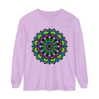 Colorful and intricate psychedelic mandala design on a unisex long sleeve t-shirt