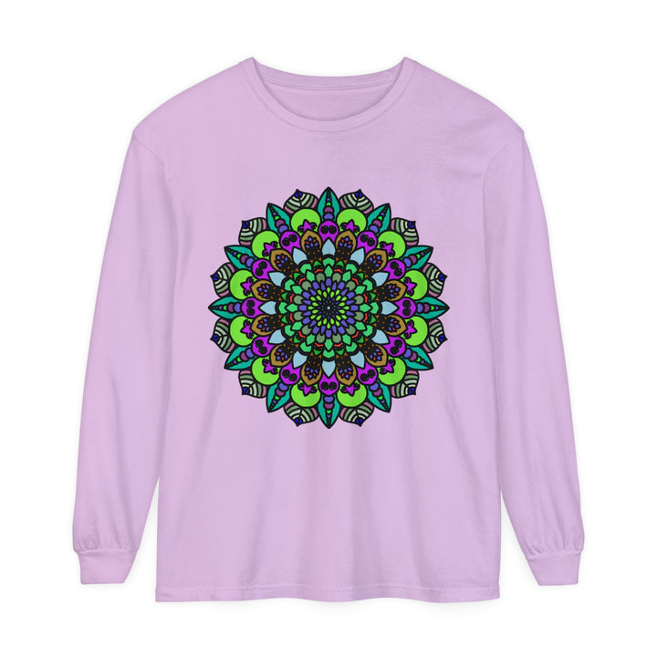 Colorful and intricate psychedelic mandala design on a unisex long sleeve t-shirt