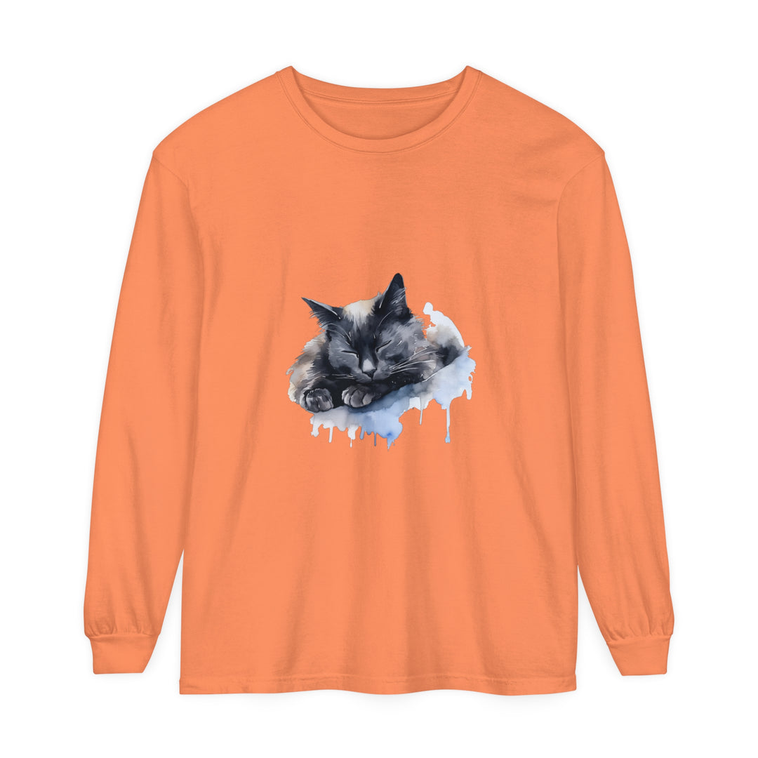 A watercolor illustration of a peaceful grey and white cat curled up sleeping on a vibrant t-shirt