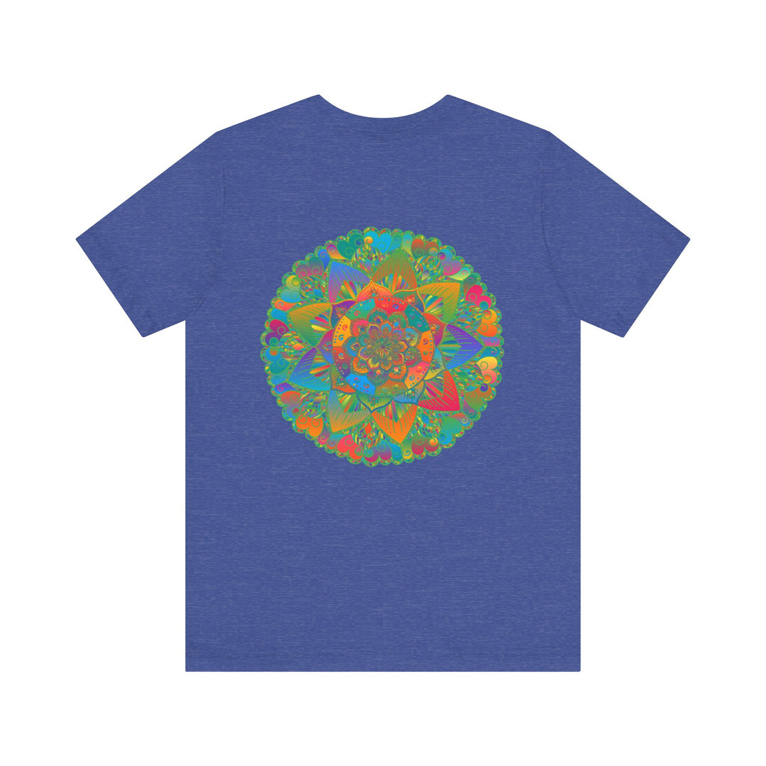 A colorful mandala design printed on a t-shirt, representing spiritual peace and harmony