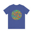 A colorful mandala design printed on a t-shirt, representing spiritual peace and harmony