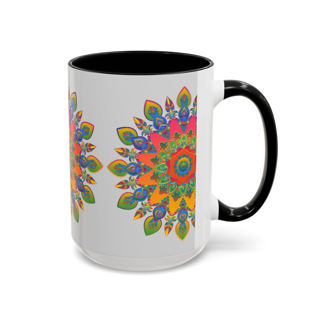 Beautiful and detailed mandala design on a grey ceramic mug