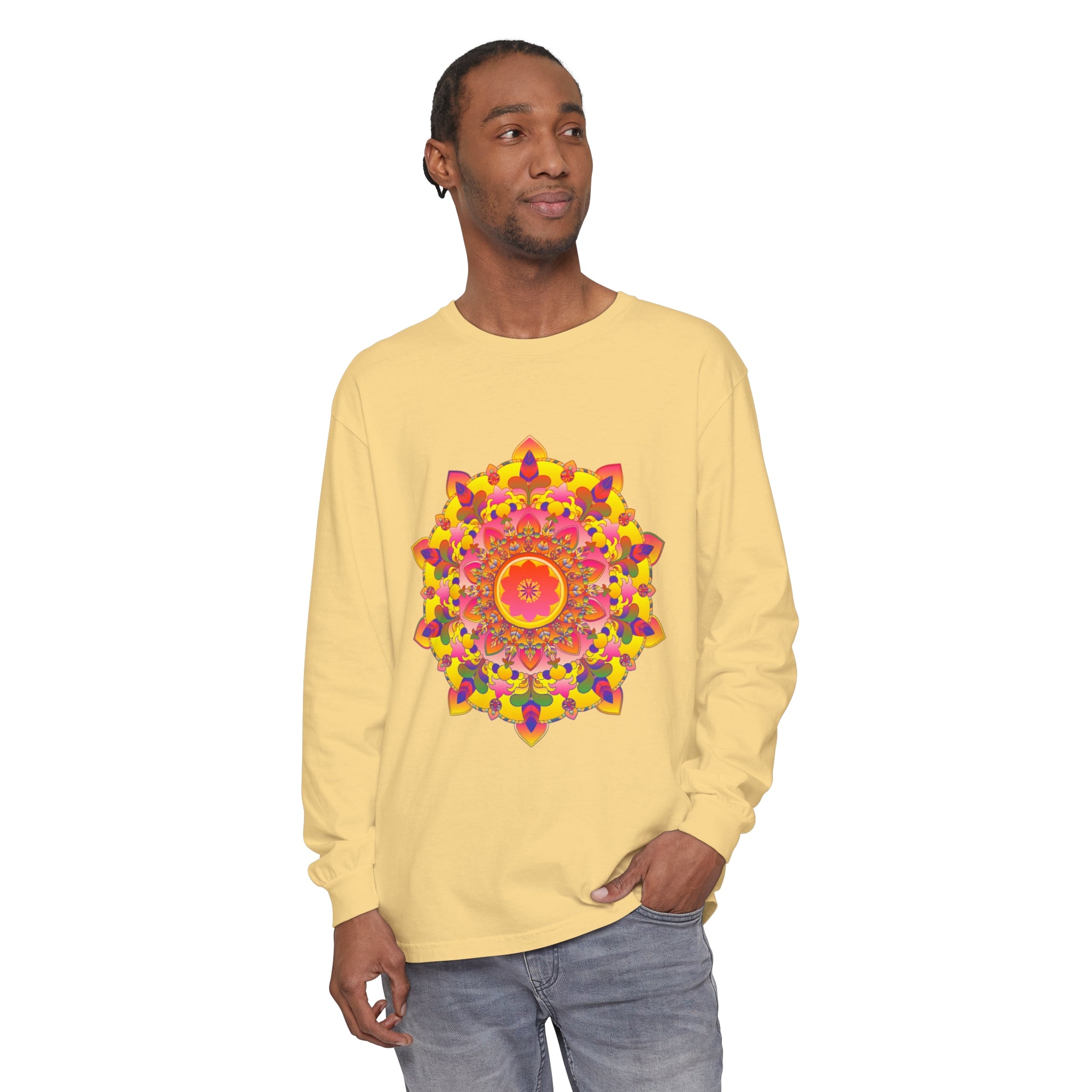 Colorful and intricate mandala design on a unisex long sleeve t-shirt