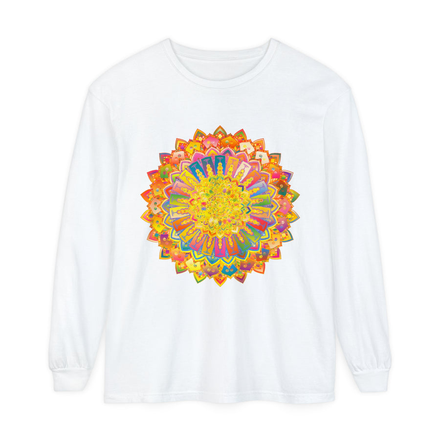 Close-up of intricate mandala design on unisex long sleeve t-shirt