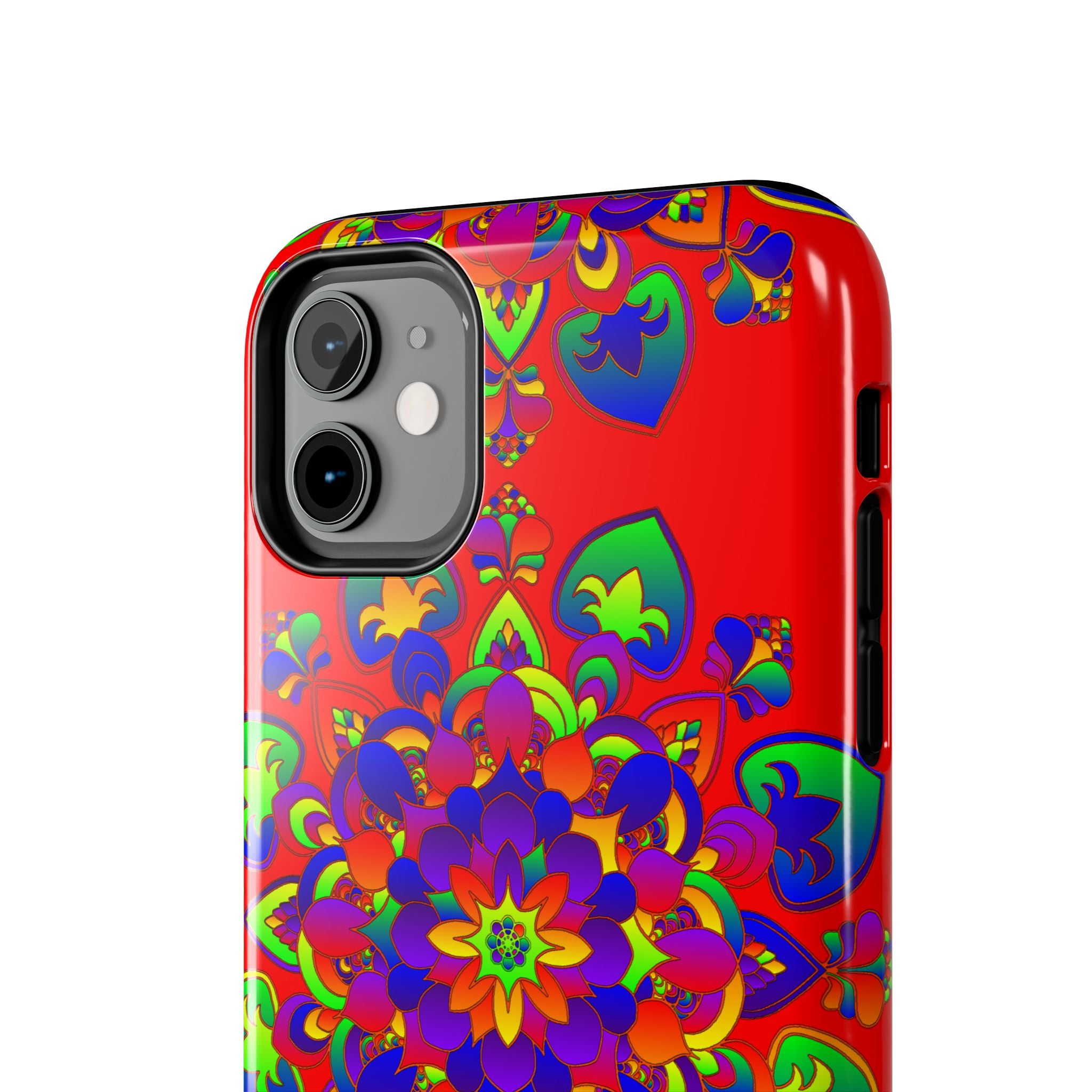 A detailed and intricate hand-drawn mandala art design in red, featured on a phone case