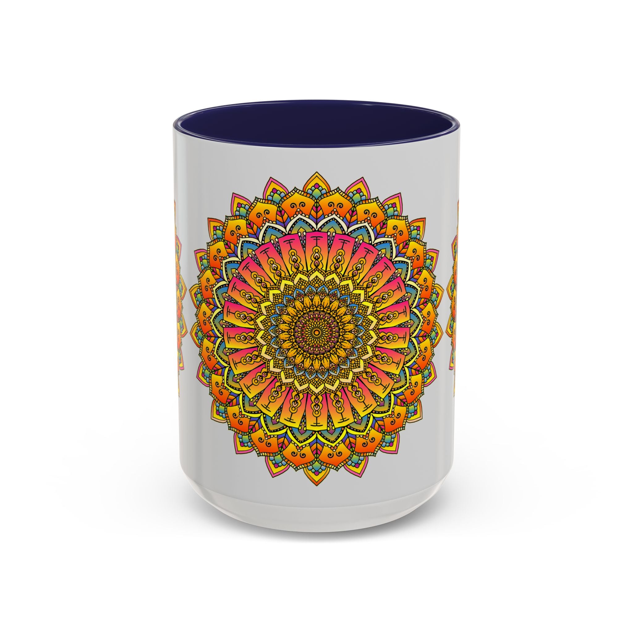 Beautiful ceramic mug with a vibrant floral mandala design in a variety of colors