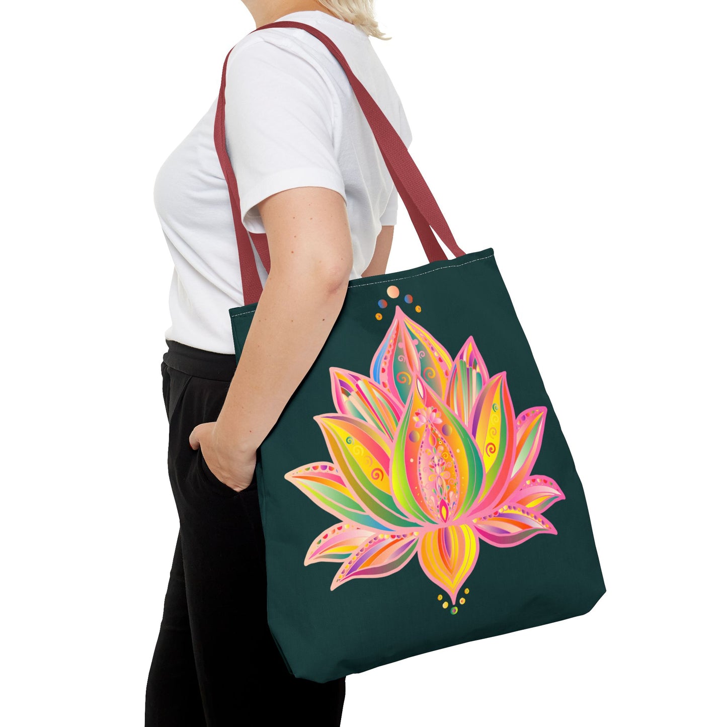 Vibrant and colorful Mandala Lotus Tote Bag with intricate floral design