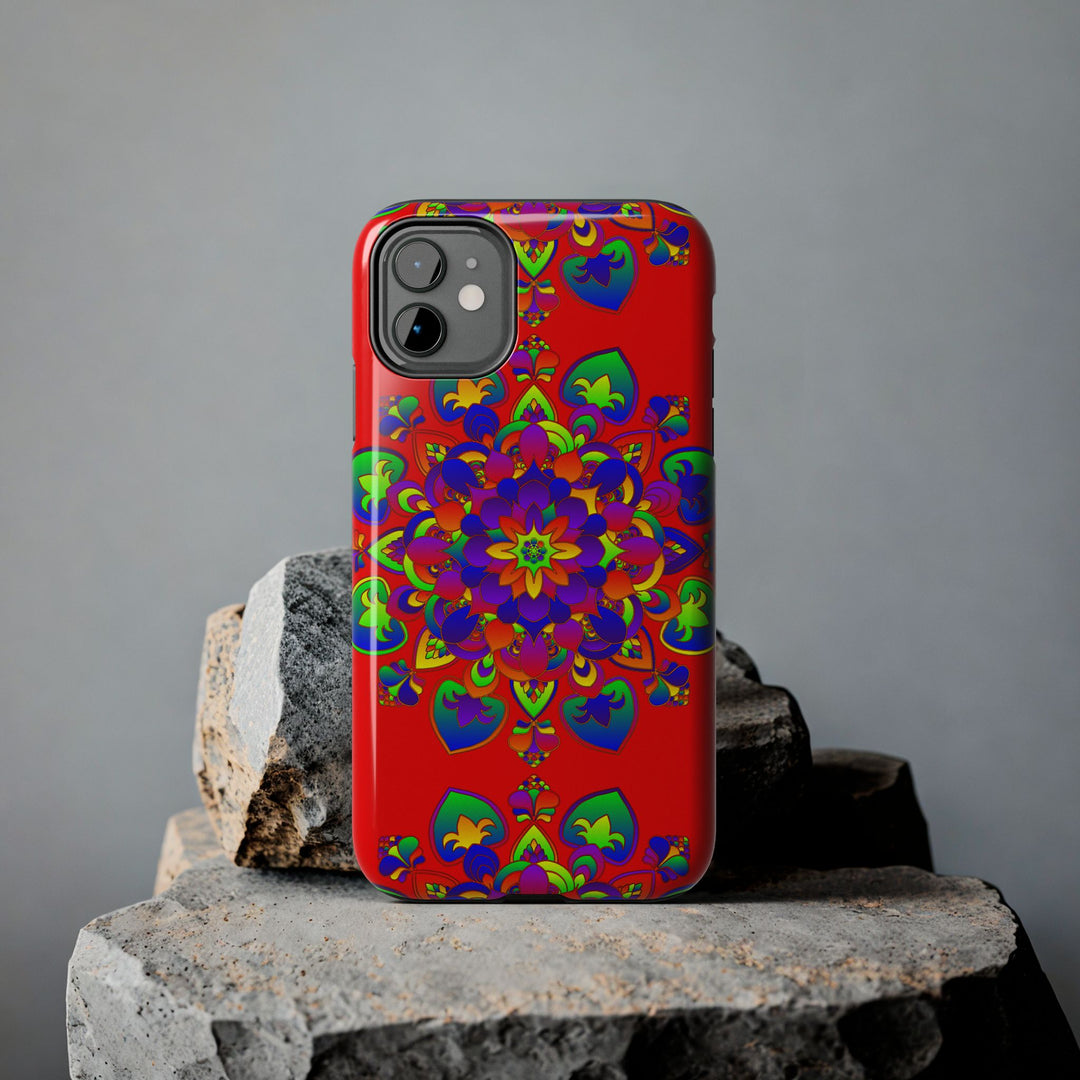 Beautiful hand-drawn red mandala art phone case with intricate details