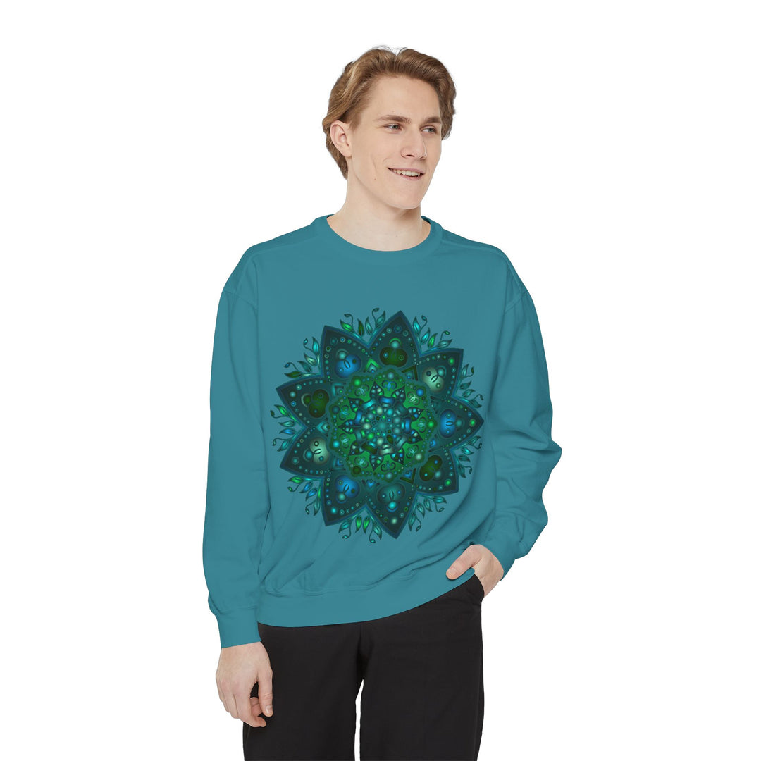 Teal and blue mandala sweatshirt with intricate design and detailed patterns