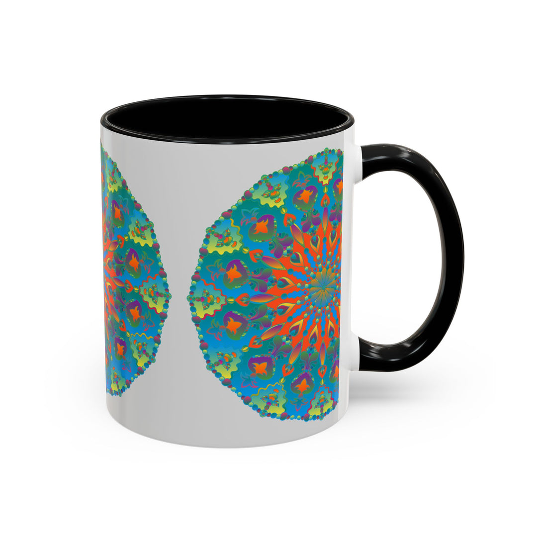 A beautiful mandala art mug with an intricate blue and green design