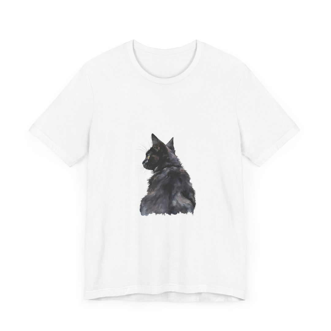 A beautifully detailed watercolor illustration of a mysterious black cat on a t-shirt