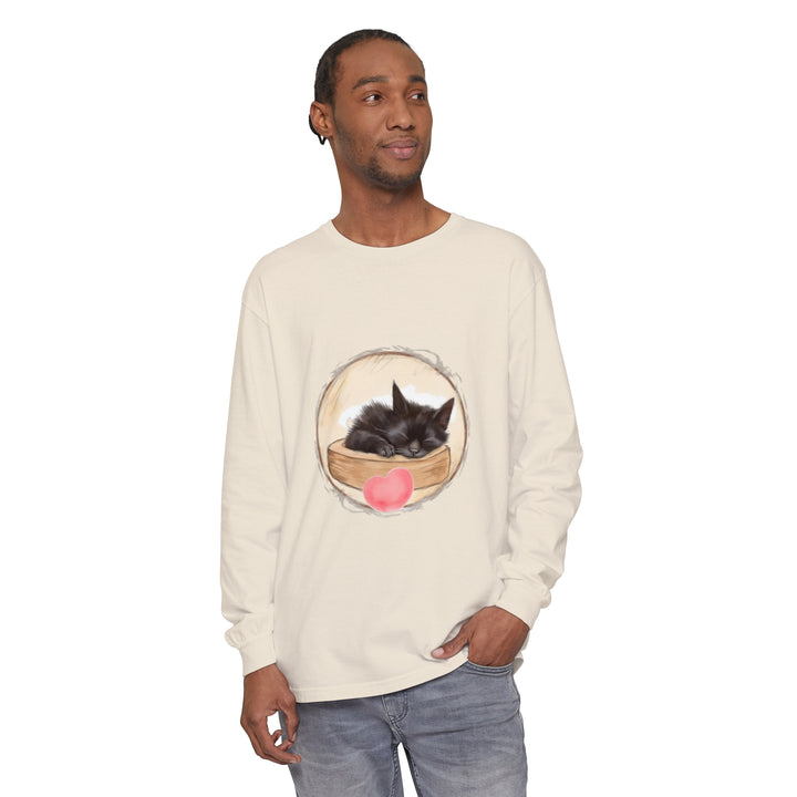 A cute and cozy unisex t-shirt featuring an adorable sleeping kitten design