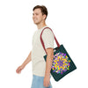 Dark green mandala tote bag featuring colorful zen girl design by Blululi