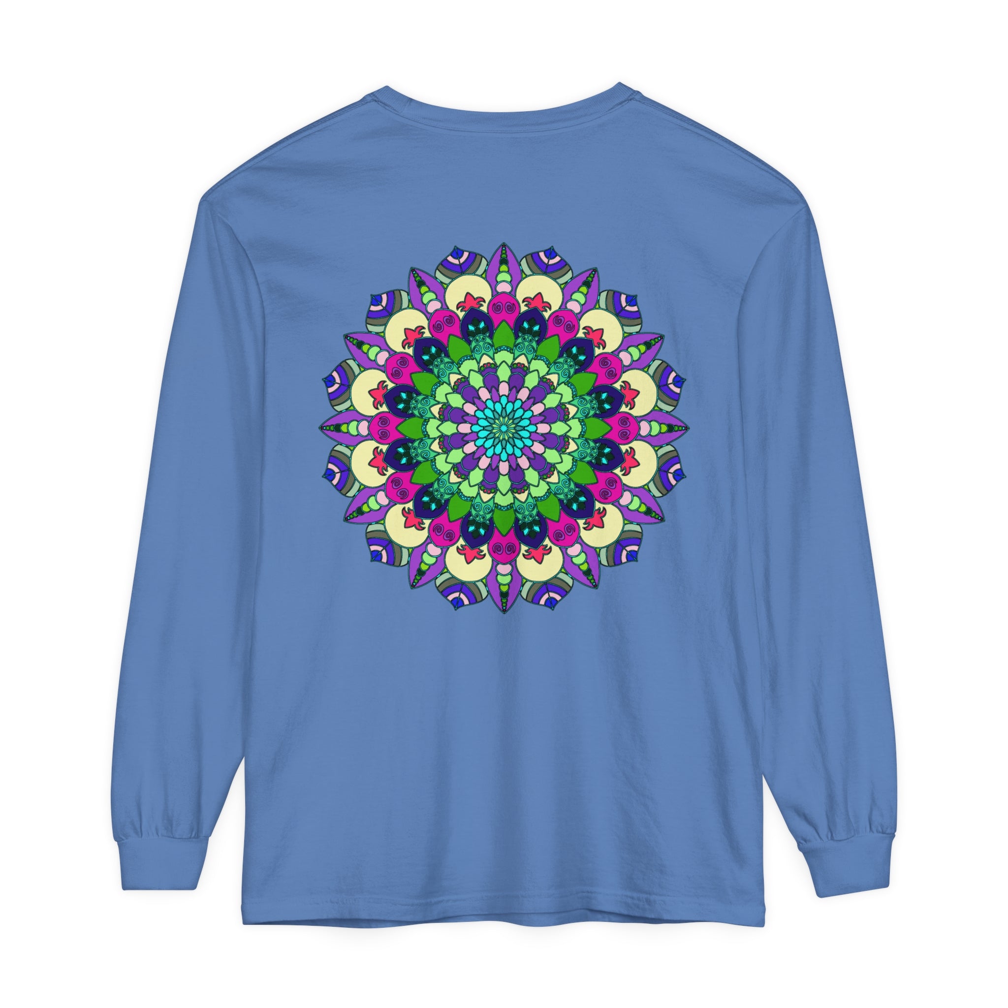 Colorful and intricate mandala design long sleeve t-shirt, suitable for both men and women, available in vibrant shades