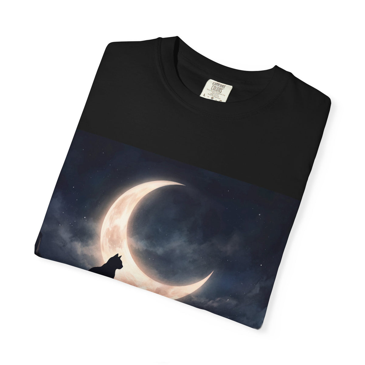 Moonlit Cat T-Shirt — Night Sky Crescent Moon Graphic Tee EU
