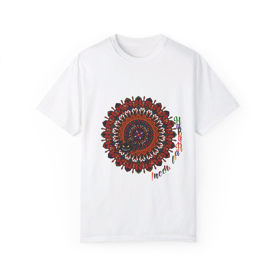 Unisex Halloween Mandala T-shirt featuring handmade pumpkin mandala art on a garment-dyed tee