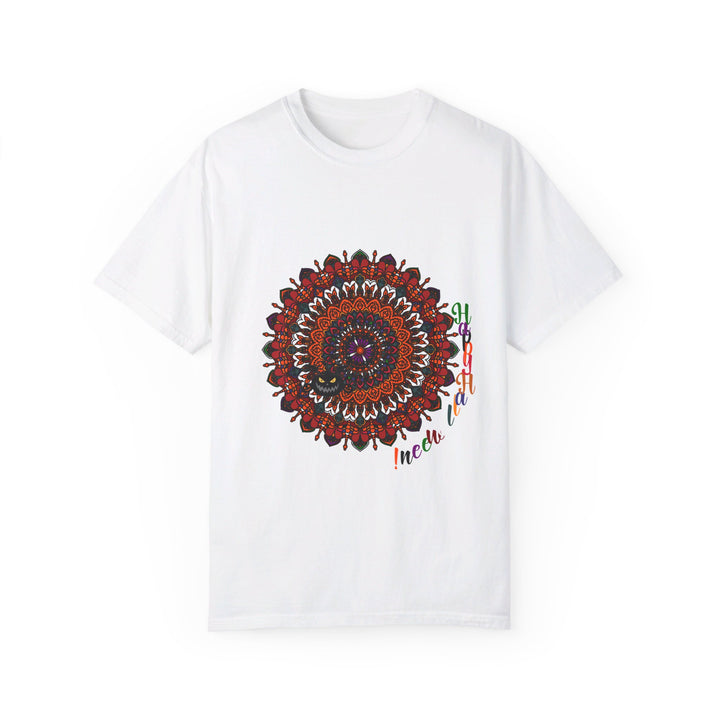 Unisex Halloween Mandala T-shirt featuring handmade pumpkin mandala art on a garment-dyed tee