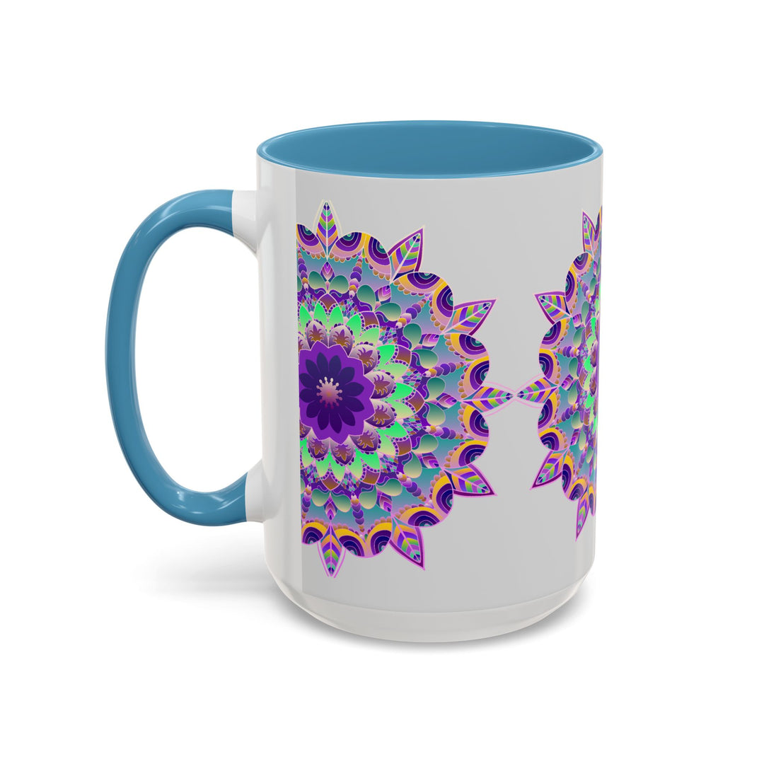 Beautiful light grey mug with intricate and vibrant mandala art design