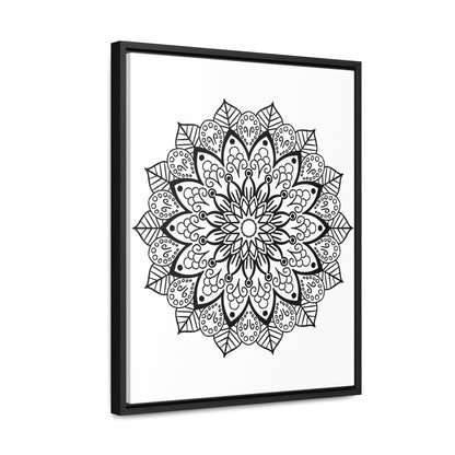 Handmade black and white mandala art on gallery canvas wraps, displayed in a vertical frame on a wall