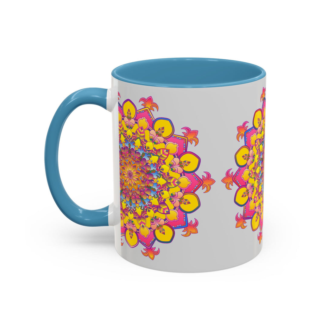 A vibrant and colorful mandala art mug, perfect for peaceful meditation moments