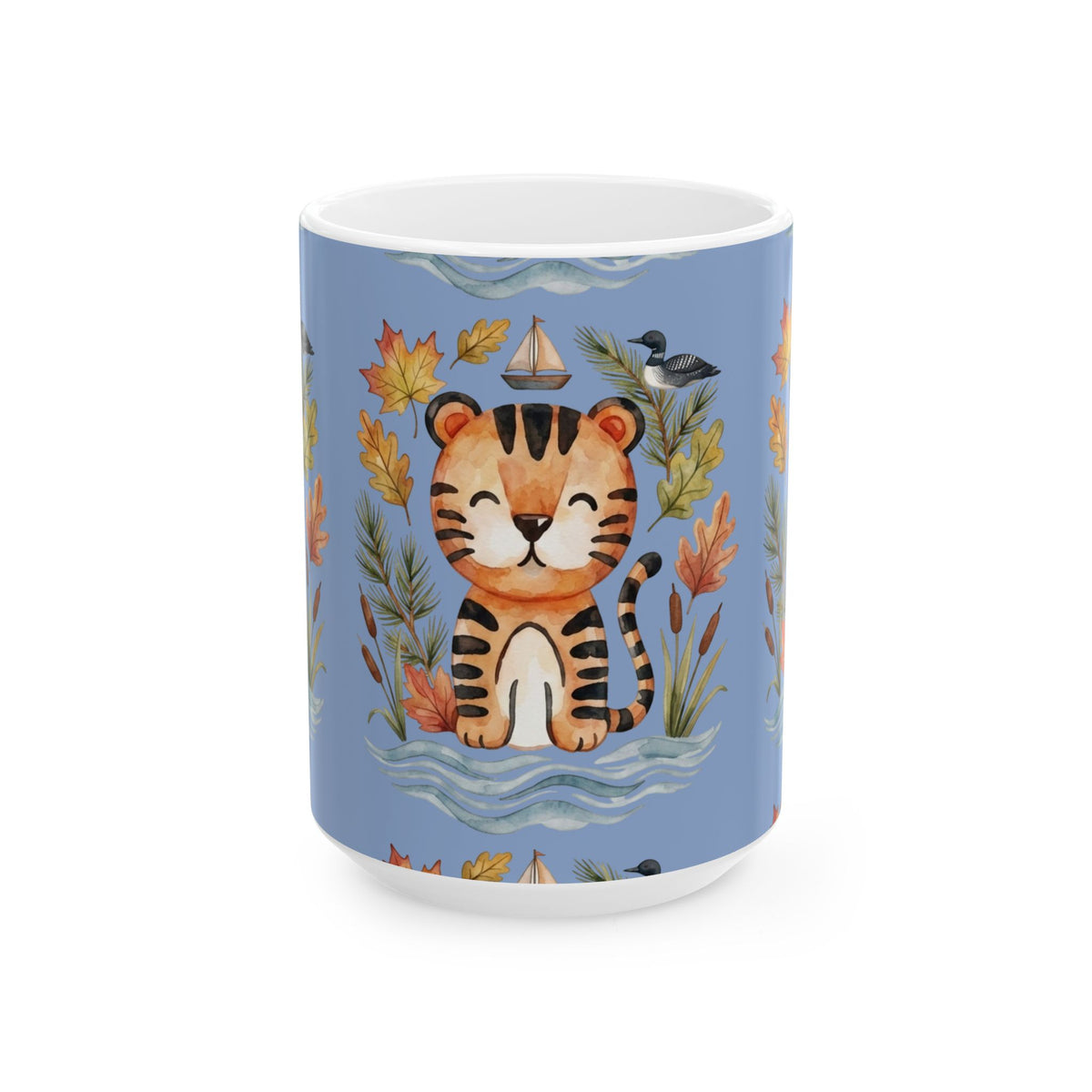 Tiger & Autumn Leaves Ceramic Mug — Cute Watercolor Tiger Coffee Cup (11oz, 15oz)