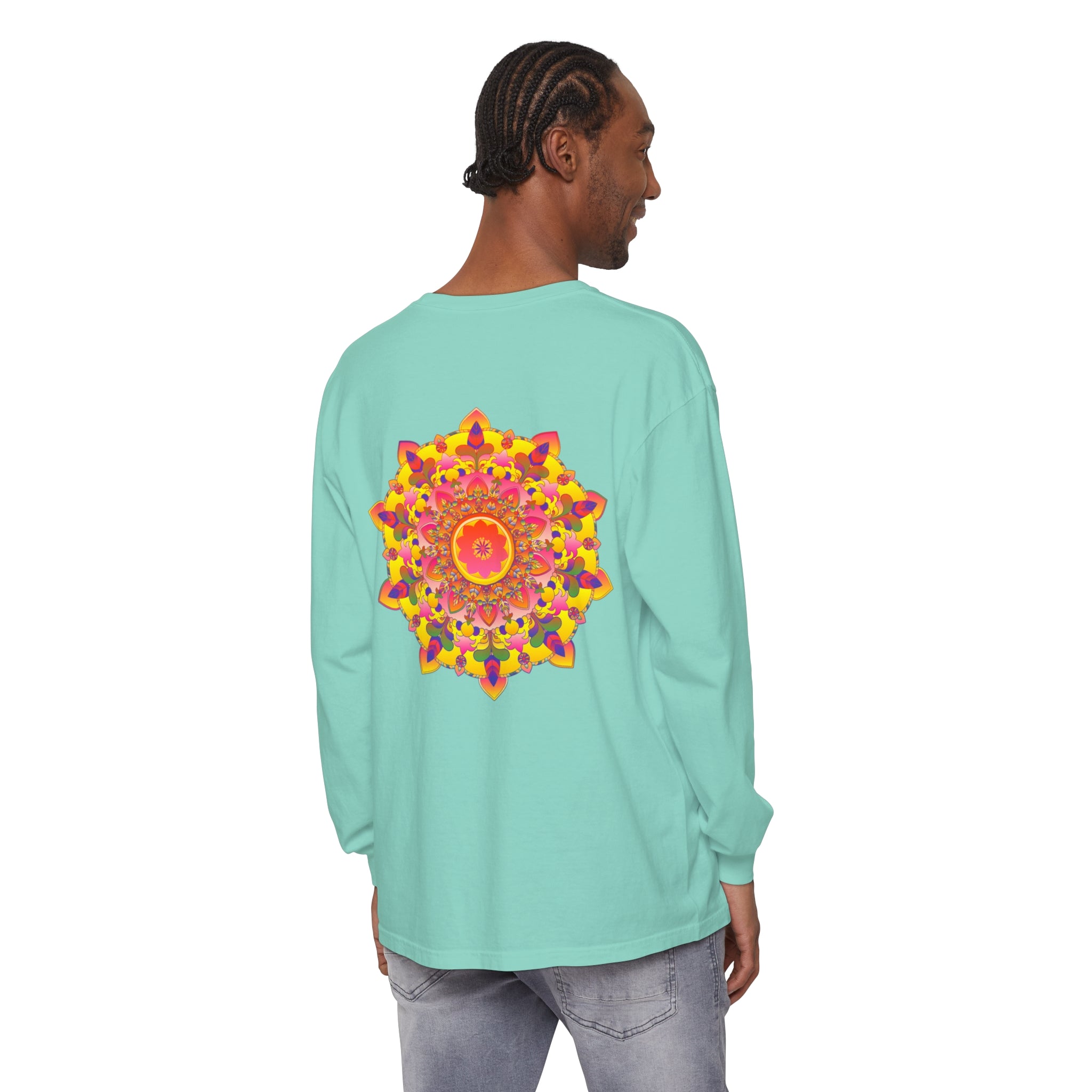 Colorful and intricate mandala design on a unisex long sleeve t-shirt