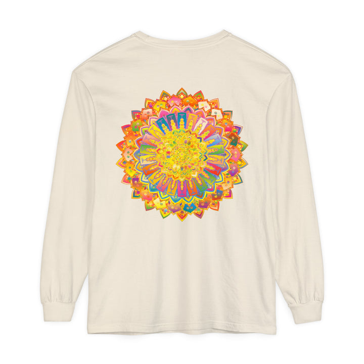 A close-up image of a vibrant, intricately designed mandala unisex long sleeve t-shirt with detailed geometric patterns in various colors