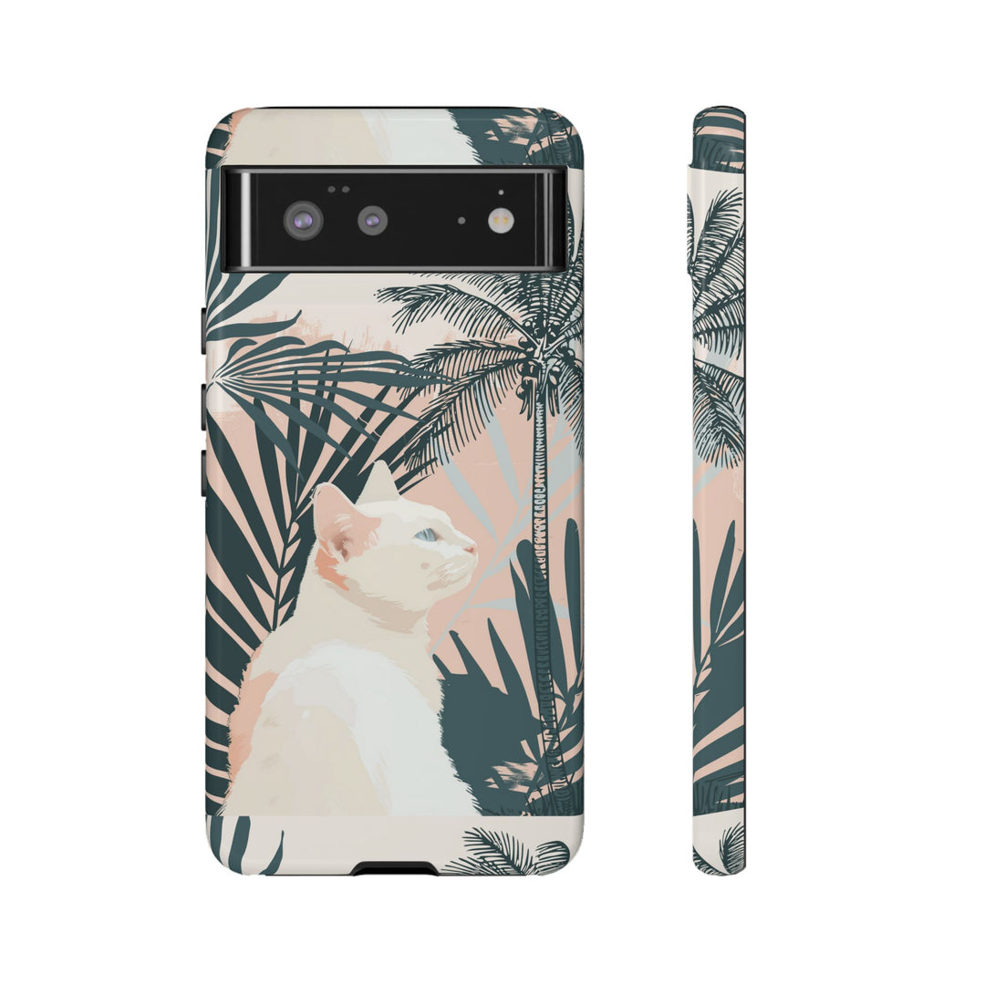 Tropische Katzen-Telefonhülle mit üppigen Palmenmotiven und sanften Pastelltönen