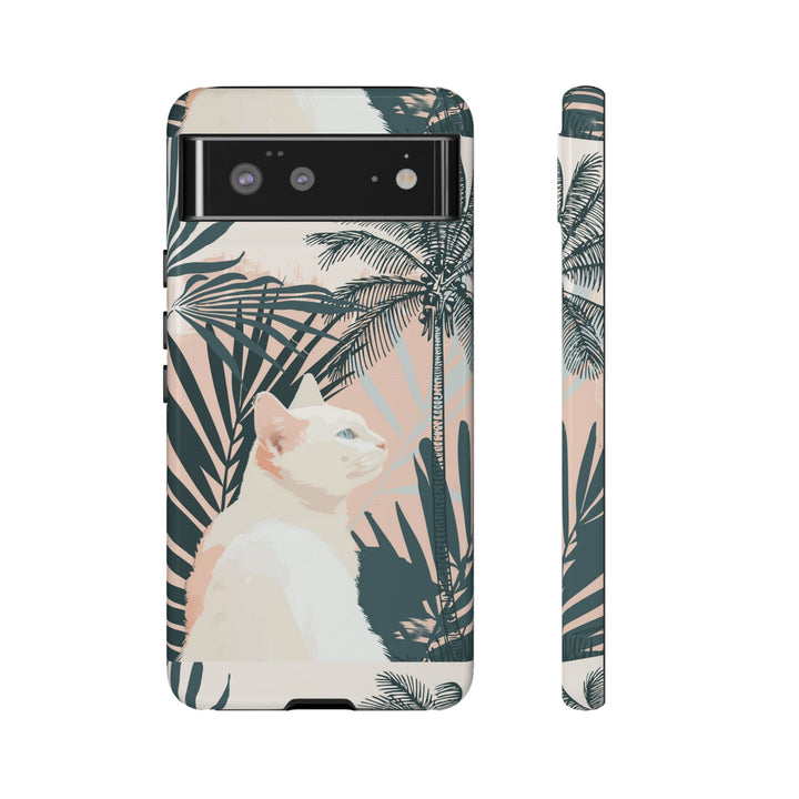 Tropische Katzen-Telefonhülle mit üppigen Palmenmotiven und sanften Pastelltönen