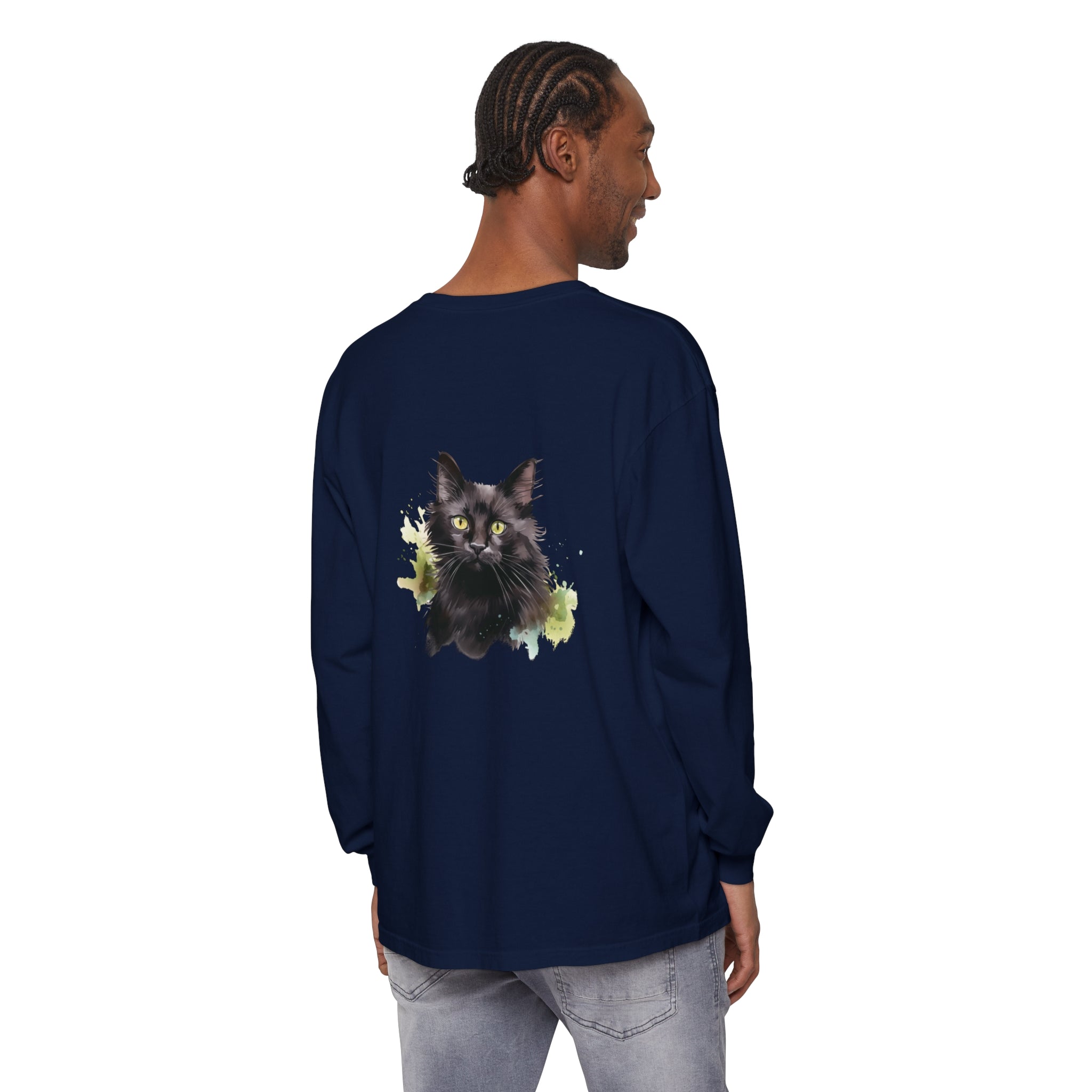 Black Cat Watercolor Splash Long Sleeve T-Shirt with vibrant feline design