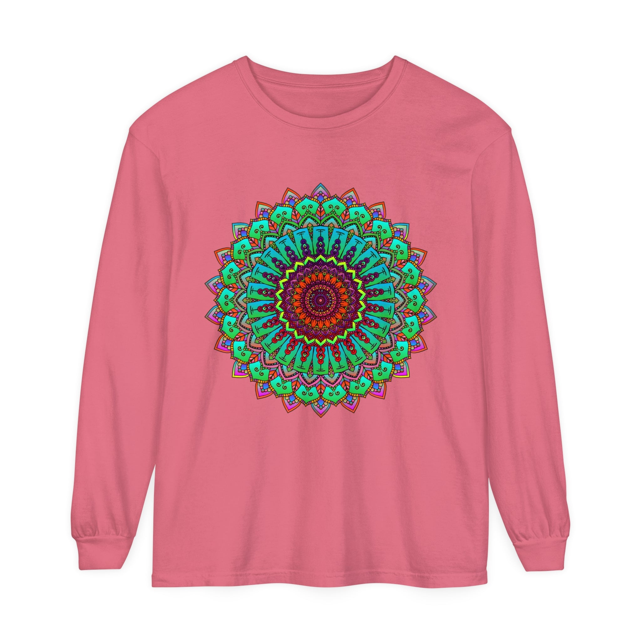 ###
Vibrant Mandala Long Sleeve T-Shirt with intricate spiritual art design