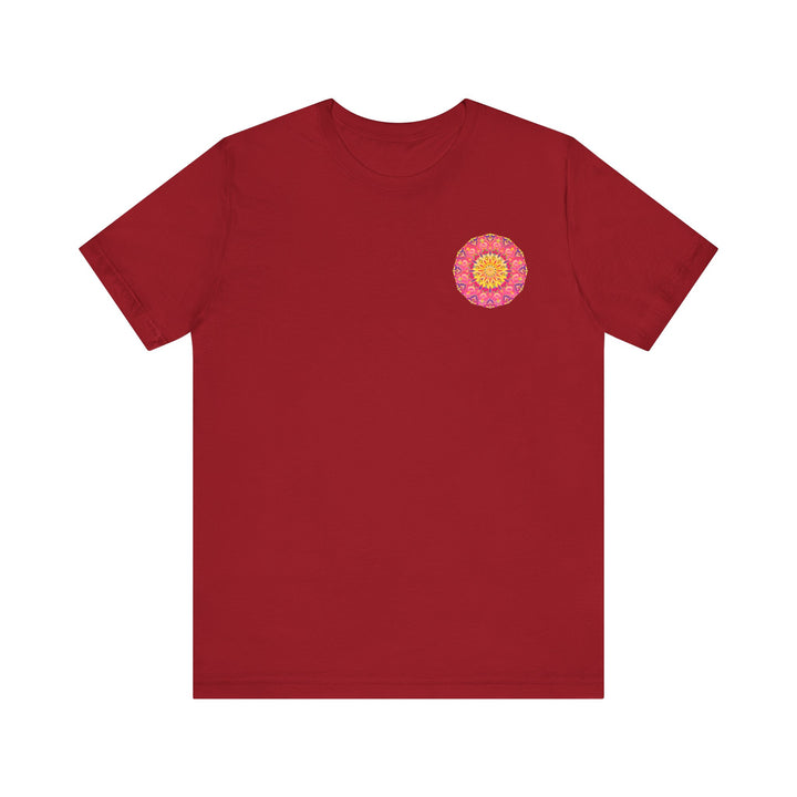 Beautiful pink and yellow mandala t-shirt featuring intricate design symbolizing peace and harmony, perfect for adding a touch of serenity to your wardrobe