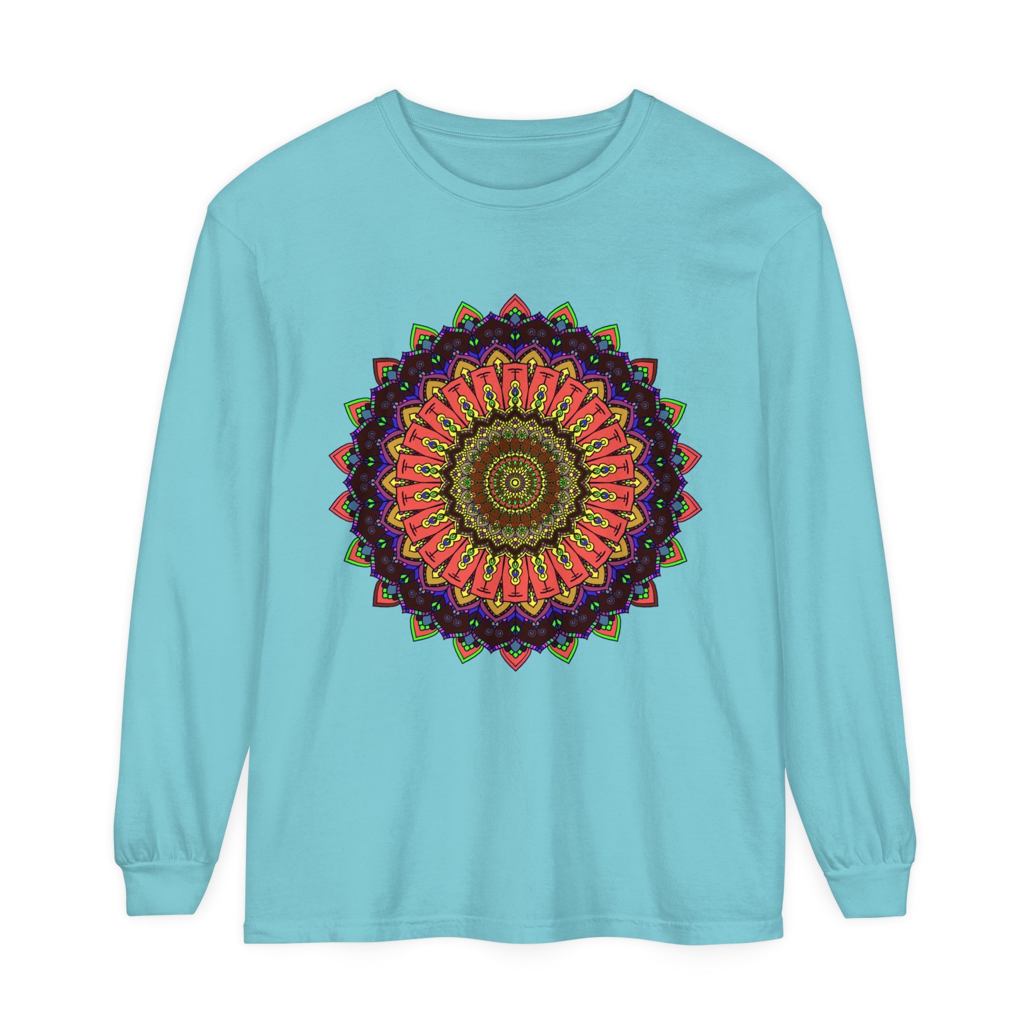 Colorful long sleeve T-shirt featuring an intricate mandala design and vibrant colors