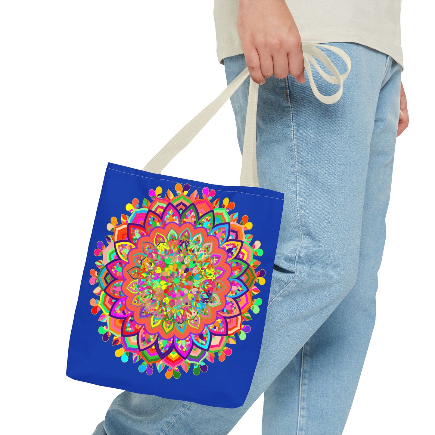 Dark blue tote bag with intricate and colorful mandala art design