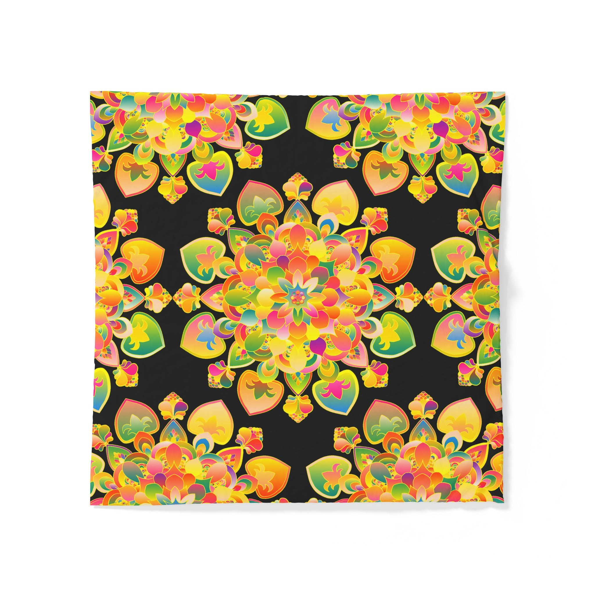 Copripiumino in cotone con motivo mandala floreale boho — Cuori arcobaleno vivaci su nero