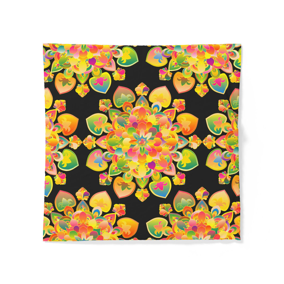 Copripiumino in cotone con motivo mandala floreale boho — Cuori arcobaleno vivaci su nero