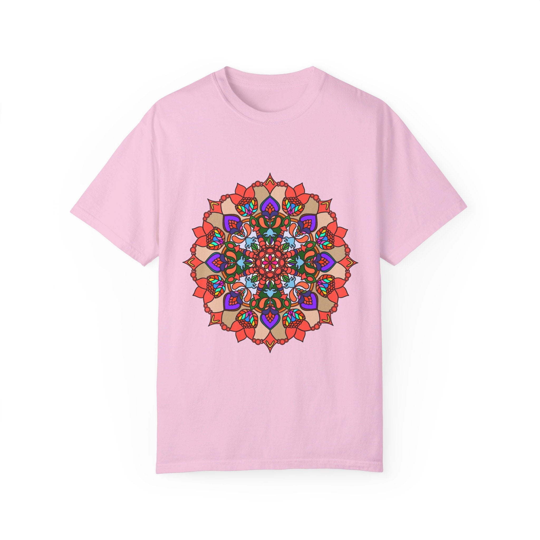 Unisex mandala t-shirt made from 100% ring-spun cotton, featuring hand-drawn mandala art and garment-dyed for extra comfort