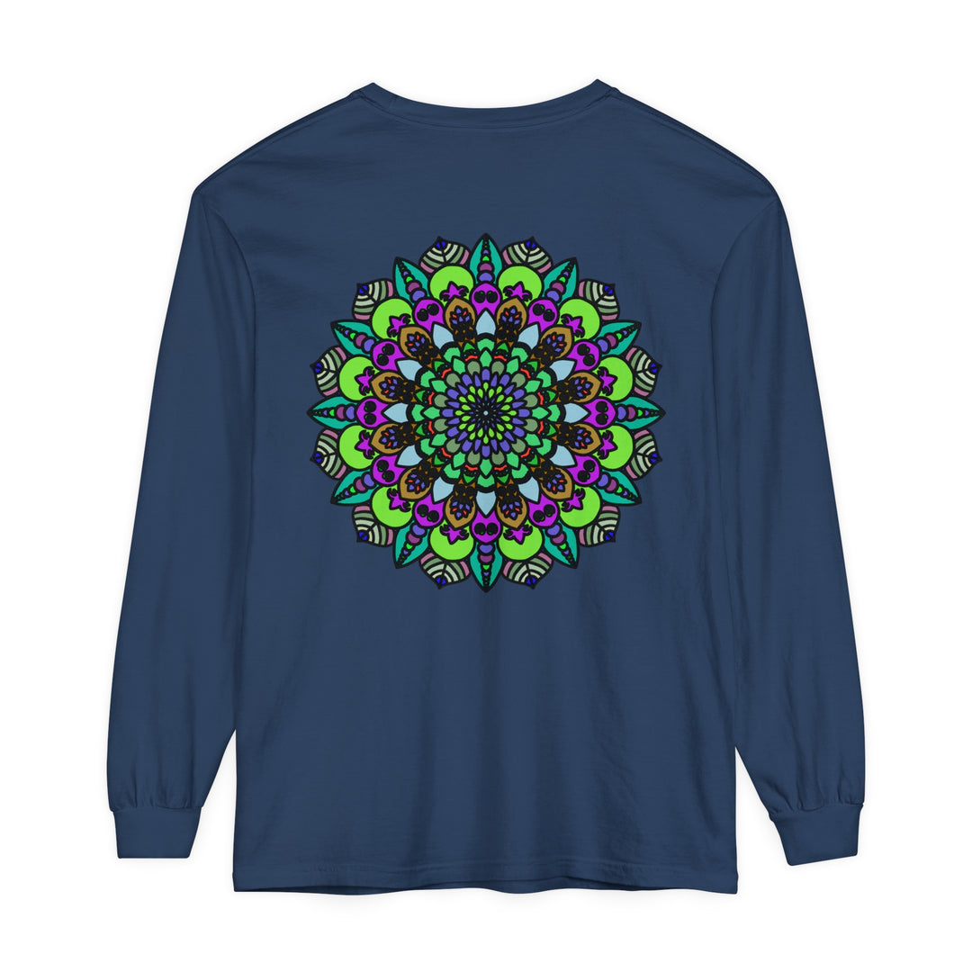 Colorful and intricate psychedelic mandala design on a unisex long sleeve t-shirt