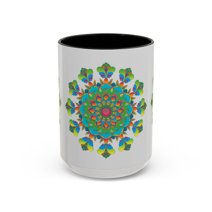 A beautiful mandala art mug featuring vibrant and intricate colors against a grey background