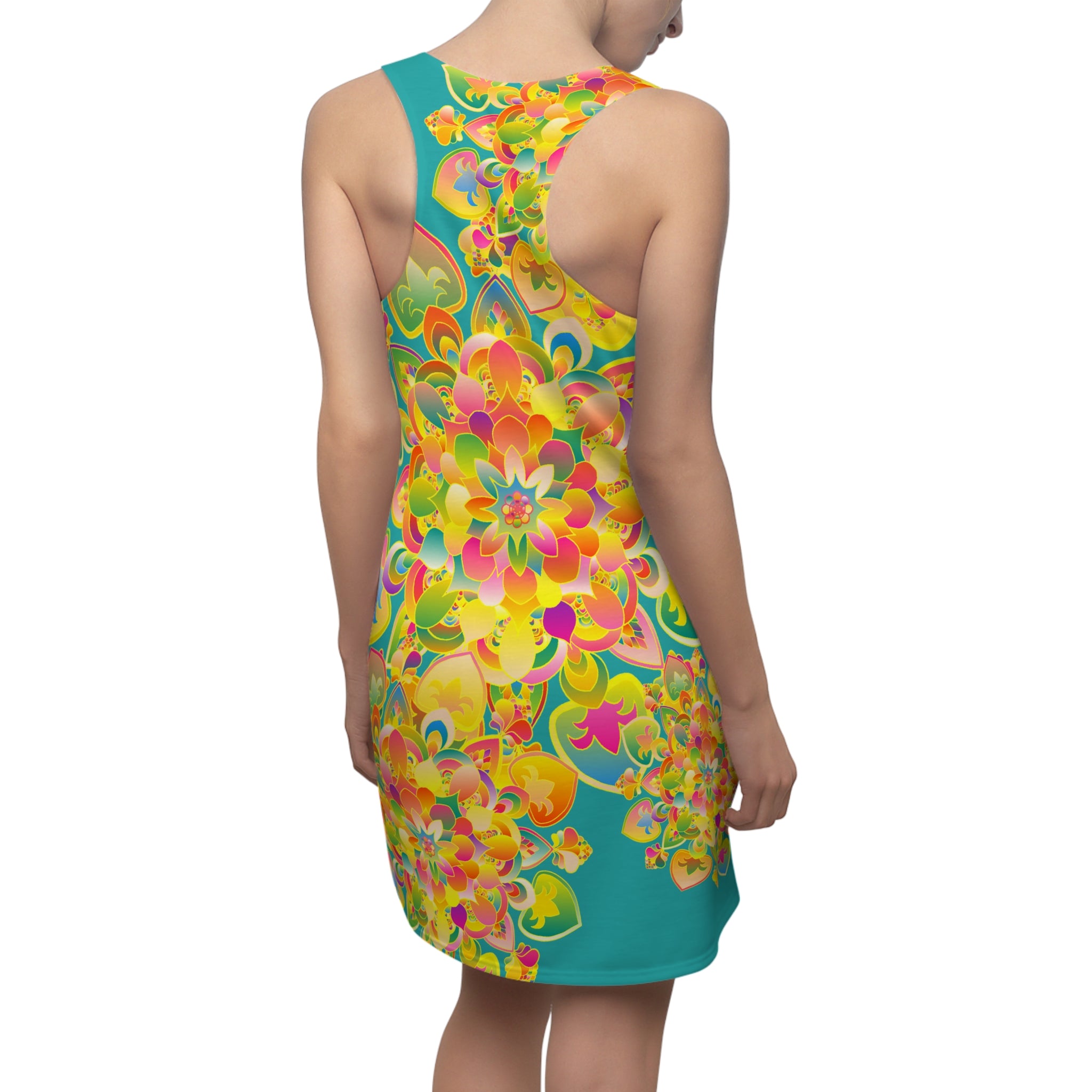 Abito con schiena incrociata e mandala floreale — Abito estivo boho AOP vibrante