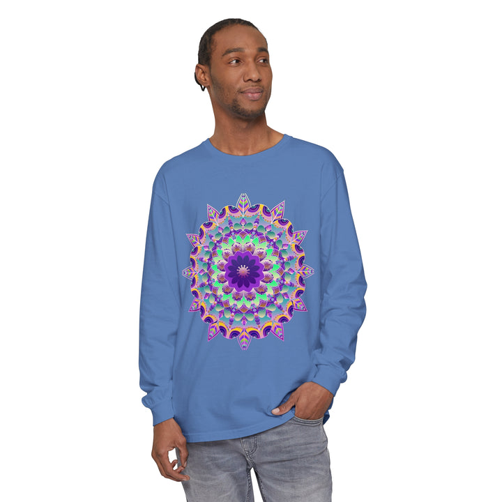 Vibrant and colorful long sleeve t-shirt featuring intricate psychedelic mandala design