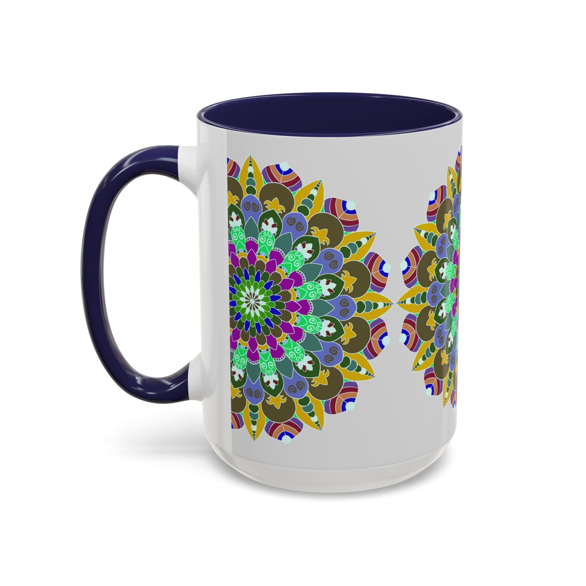 A vibrant and tranquil mandala art mug featuring colorful and serene design