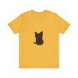 Black Cat Mystery - One Blue Eye T-Shirt featuring a sleek black cat with piercing blue eyes on a comfortable black t-shirt