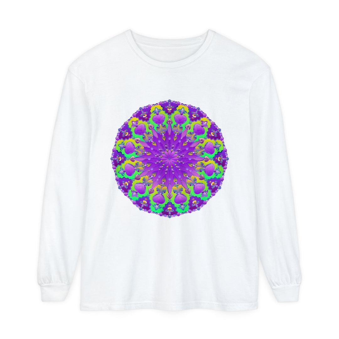 Vibrant purple and green mandala long sleeve t-shirt with intricate design