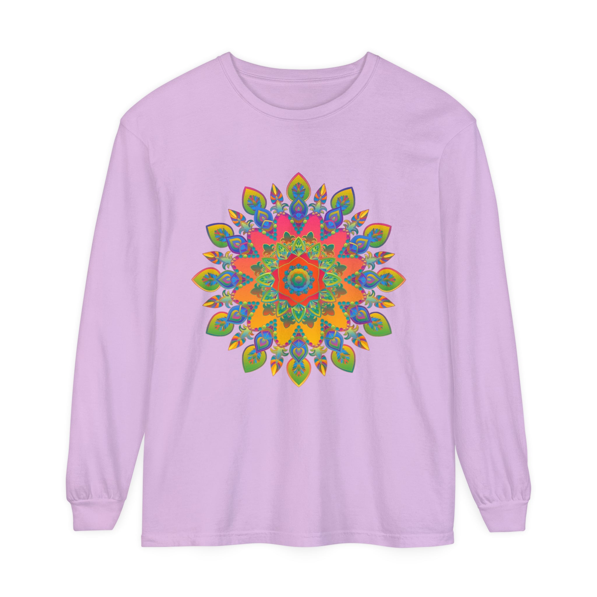 Vibrant Mandala Unisex Long Sleeve T-Shirt with intricate colorful design and comfortable fit for men and women