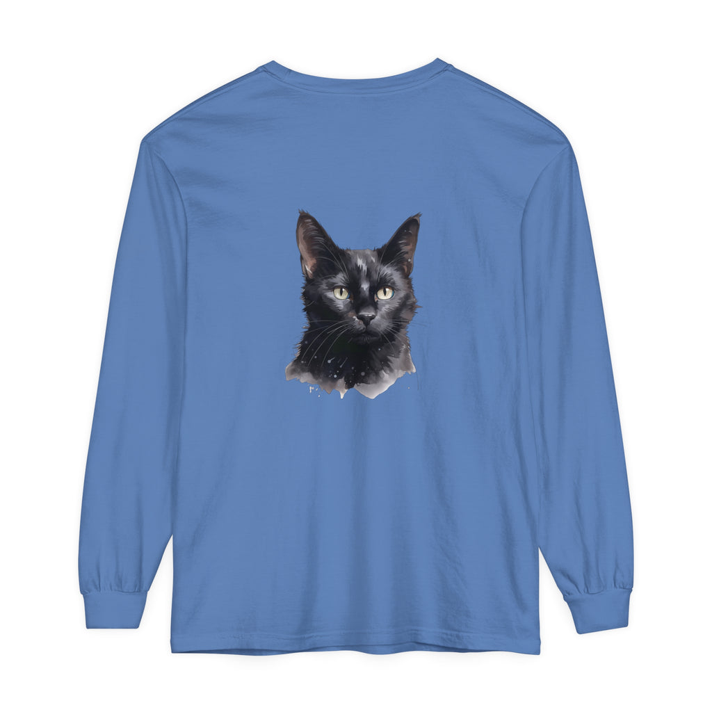 Black Cat Watercolor Unisex Long Sleeve T-Shirt with vibrant watercolor design