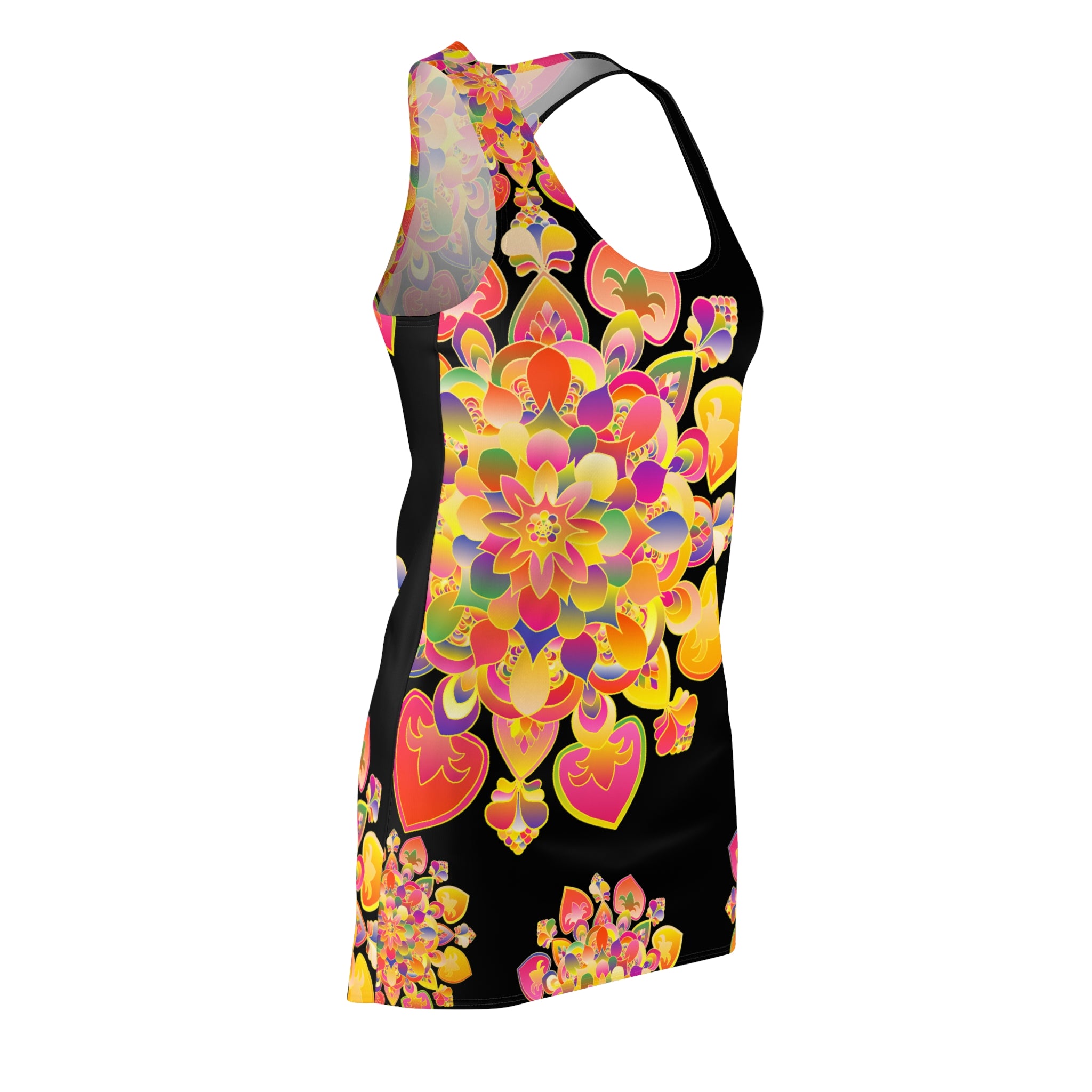 Abito con schiena incrociata e mandala a cuore floreale — Bright Psychedelic AOP