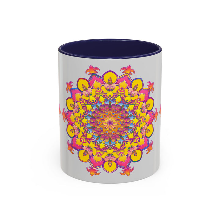 Colorful ceramic coffee mug featuring intricate mandala design, perfect for meditation and relaxation