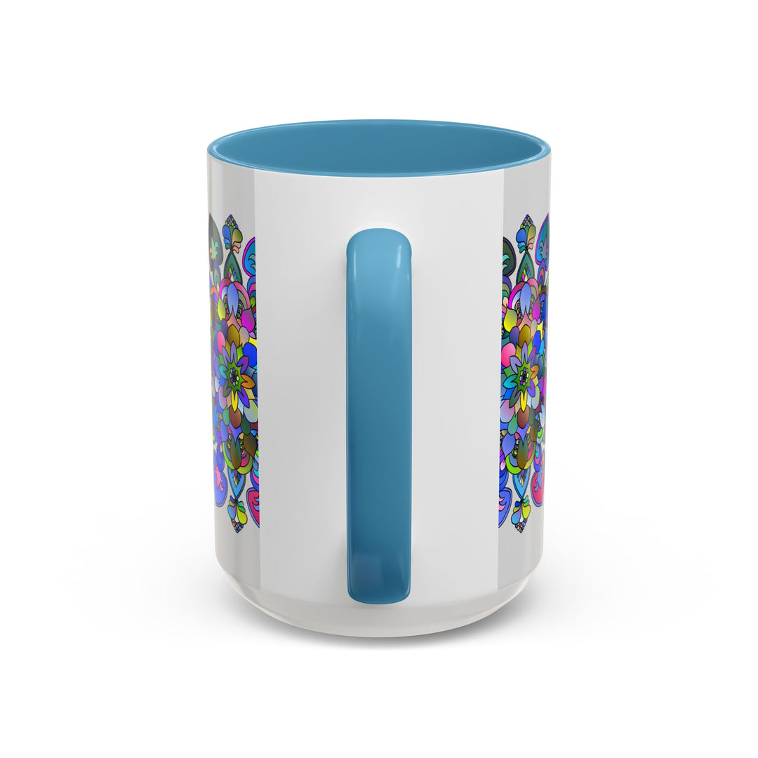 Colorful mandala mug with intricate floral art design on a grey background