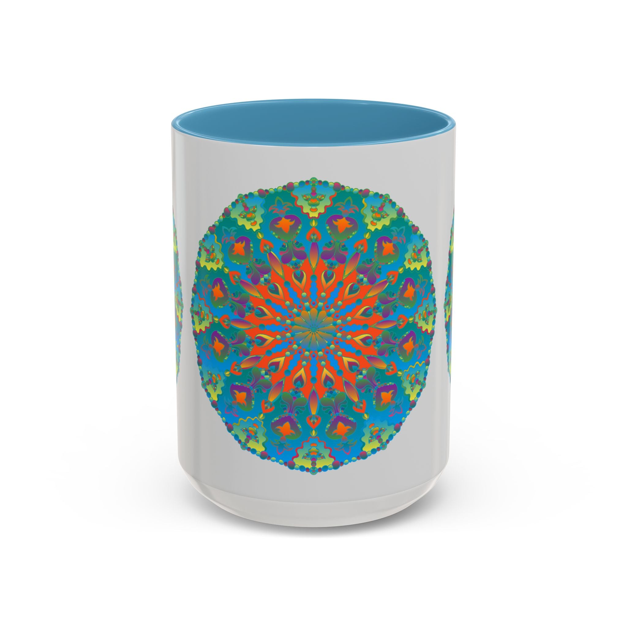 Beautiful mandala art mug with an intricate blue and green design